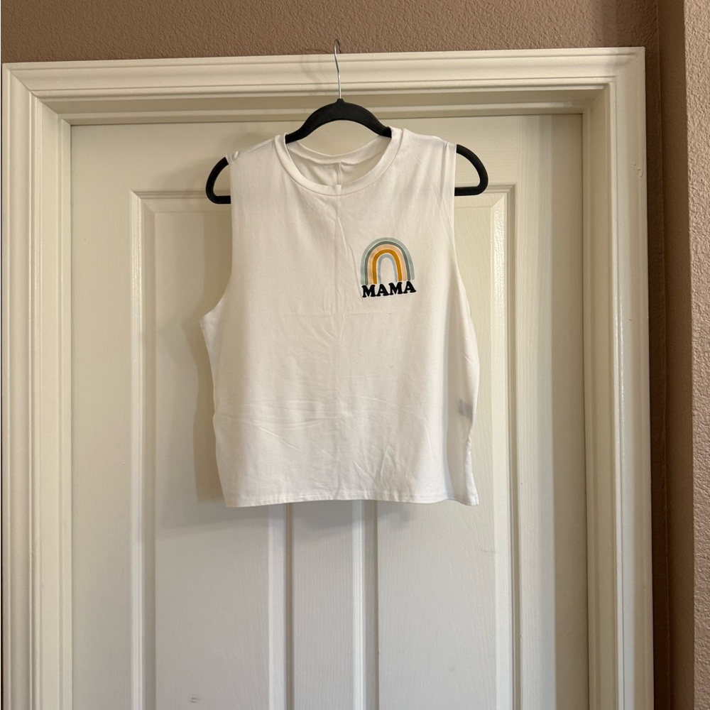 White Sleeveless 'MAMA' Top with Rainbow Patch, Size Medium